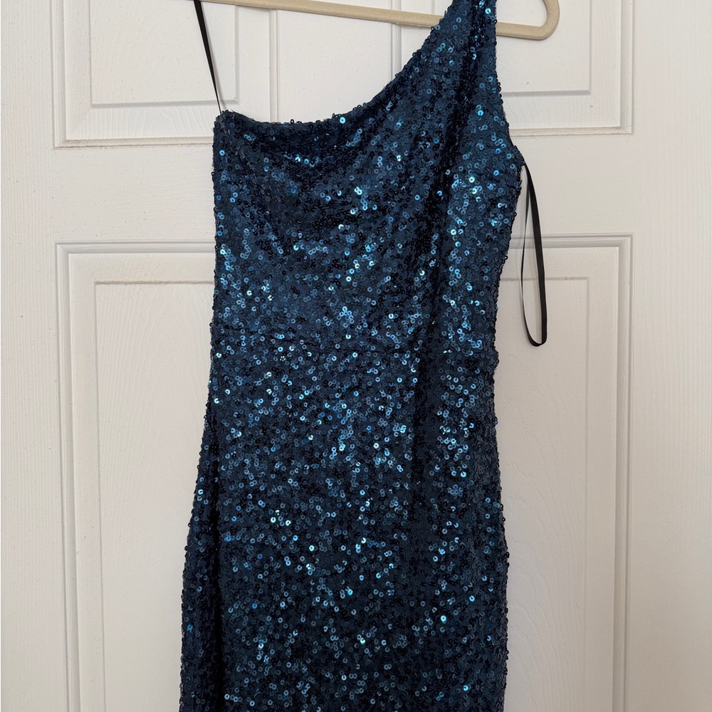 B Darlin One-Shoulder Blue Sequin Dress